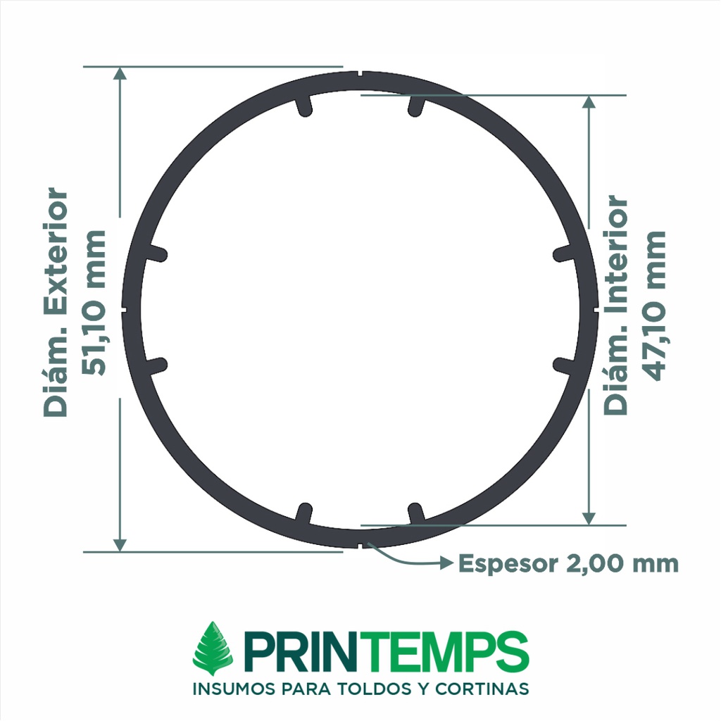 *Tubo aluminio 50 mm con nervadura x 5,80 mts - Espesor 2 mm (R6151)