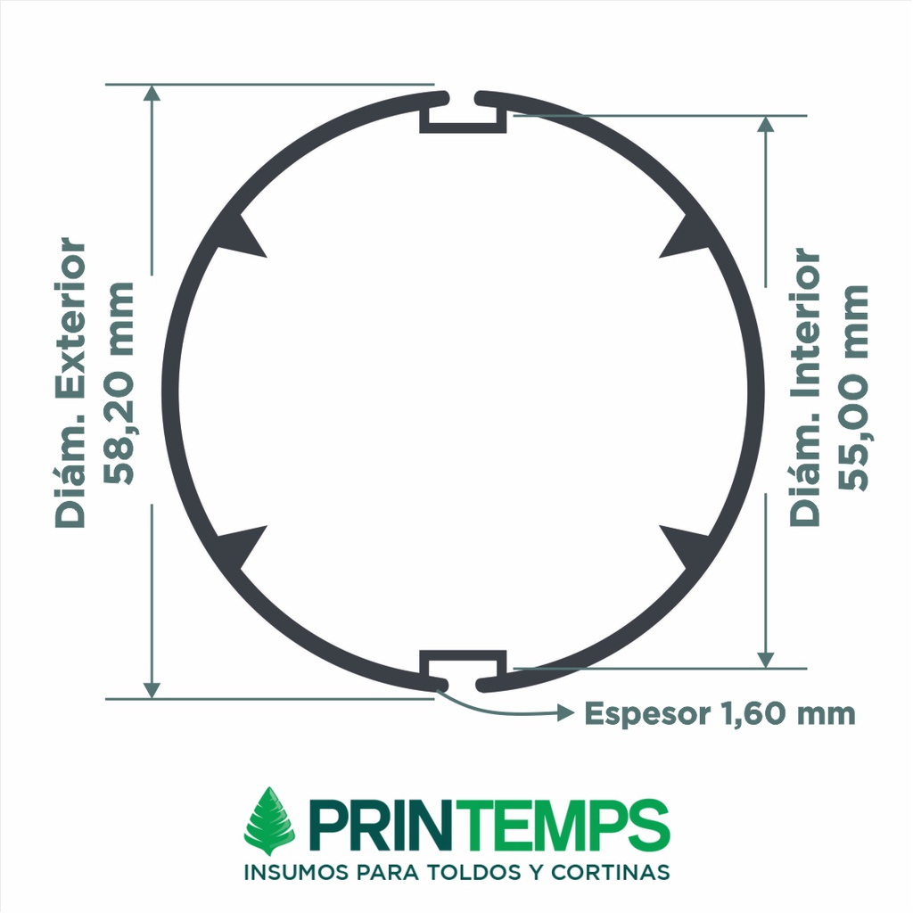*Tubo aluminio 58mm con nervadura x 6,00 mts